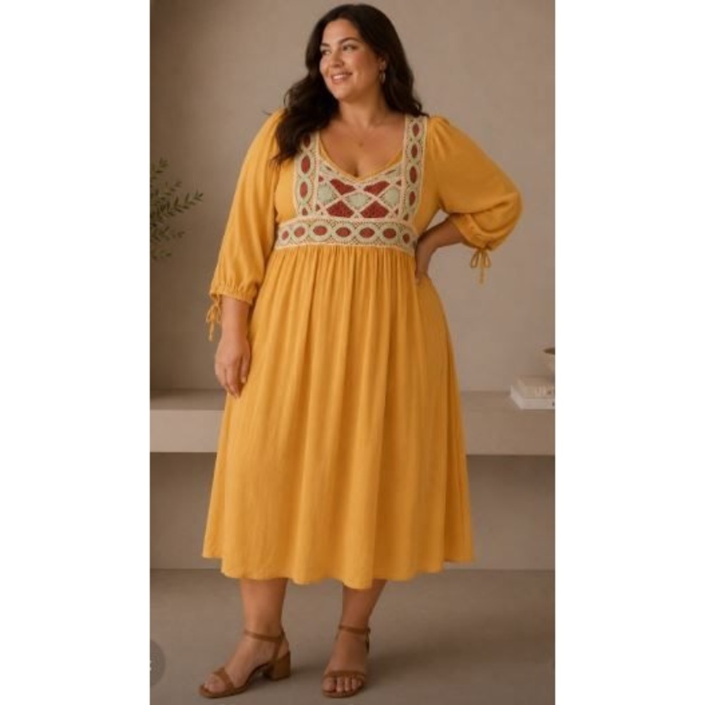 Yellow Boho Peasant Dress 22/24W Crochet Cold Shoulder Hippie‎ Lace Cottagcore